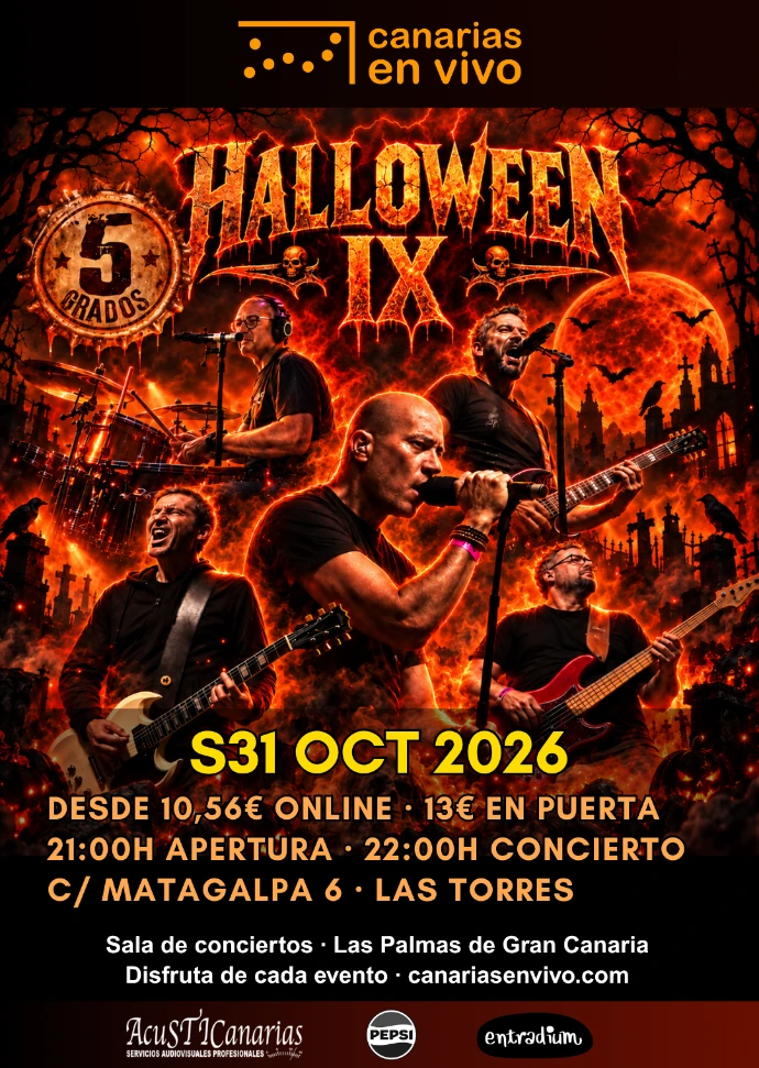 Cartel de Halloween IX con Cinco Grados en Canarias en Vivo